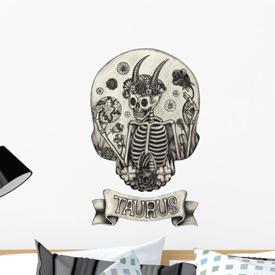 Zodiac Skull Taurus Skeleton Wall Decal shown on a wall