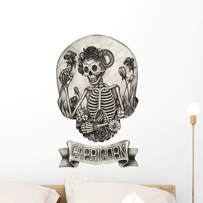 Zodiac Skull Capricorn Skeleton Wall Decal shown on a wall