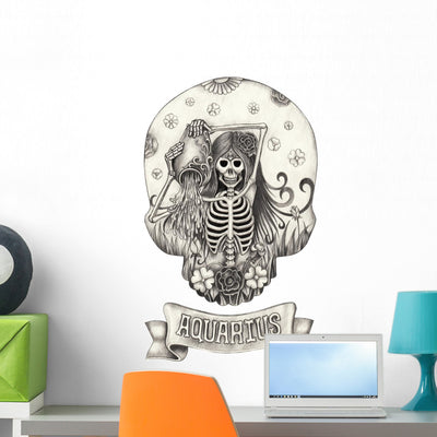 Zodiac Skull Aquarius Skeleton Wall Decal shown on a wall