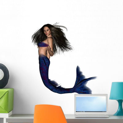 Dark Haired Mermaid Wall Decal shown on a wall