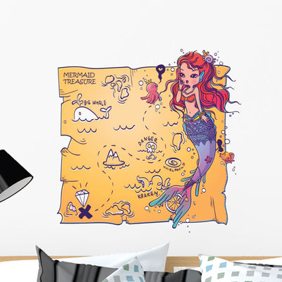 Mermaid and Treasure Map Wall Decal shown on a wall