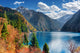 Beautiful view of the Long Lake among colorful fall woods Wall Mural