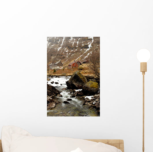 Norway tipical rural hut and river lanscape Wall Mural