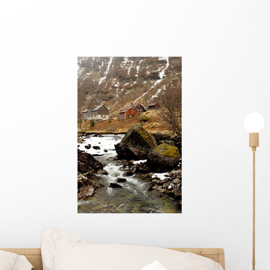 Norway tipical rural hut and river lanscape Wall Mural