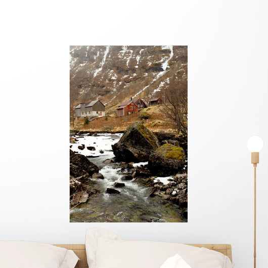 Norway tipical rural hut and river lanscape Wall Mural