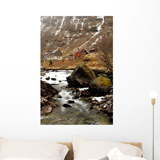 Norway tipical rural hut and river lanscape Wall Mural