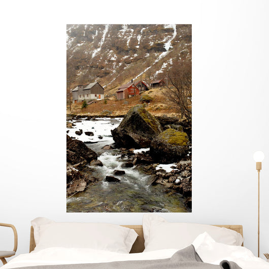 Norway tipical rural hut and river lanscape Wall Mural