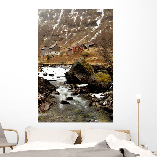 Norway tipical rural hut and river lanscape Wall Mural