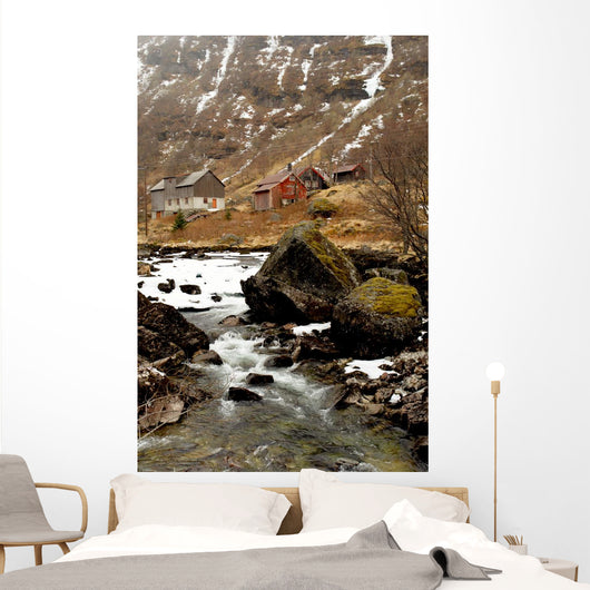 Norway tipical rural hut and river lanscape Wall Mural