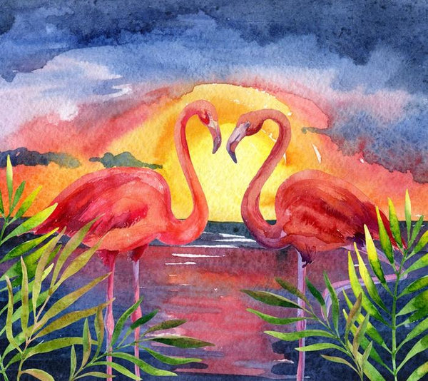 Tropical Watercolor Flamingo Sunset Wall Decal - WallMonkeys