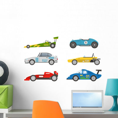 Race Retro Sport Car Wall Decal Sticker Set shown on a wall