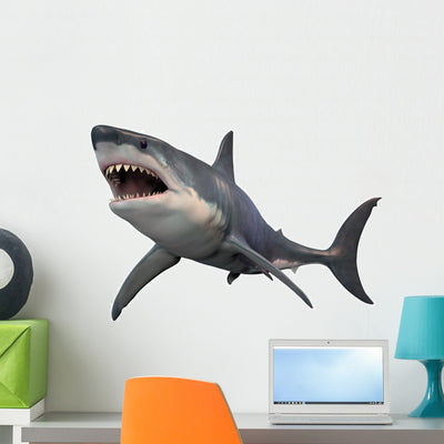 Angry Great White Shark Wall Decal shown on a wall