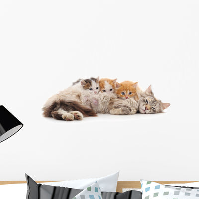 Cat with Kittens Wall Decal shown on a wall