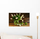 White tulips in glass vase on rustic wood Wall Mural