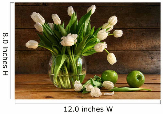 White tulips in glass vase on rustic wood Wall Mural