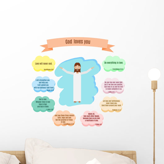 God loves you vector illustration. Smiling Jesus and Bible quotes with verses about love Wall Decal