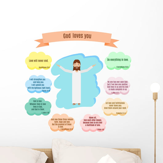 God loves you vector illustration. Smiling Jesus and Bible quotes with verses about love Wall Decal