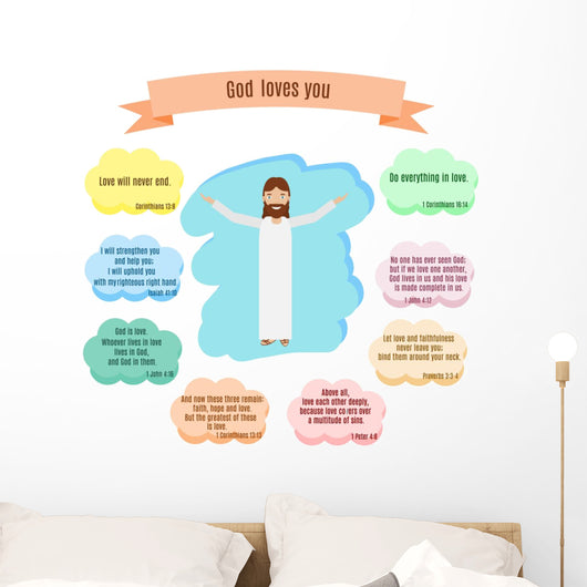 God loves you vector illustration. Smiling Jesus and Bible quotes with verses about love Wall Decal