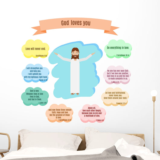 God loves you vector illustration. Smiling Jesus and Bible quotes with verses about love Wall Decal
