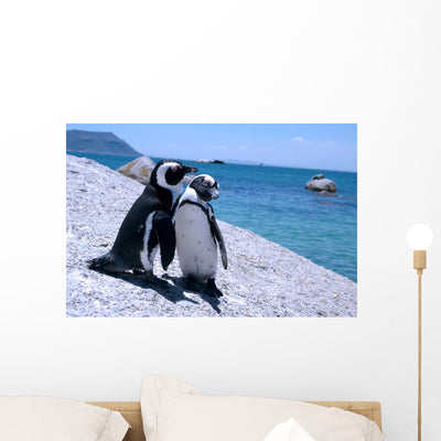 Love-birds Two Penguins Boulders Wall Mural shown on a wall