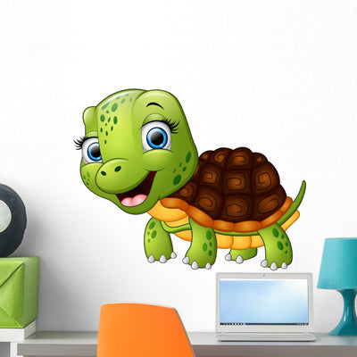 Happy Cartoon Turtle Wall Decal shown on a wall