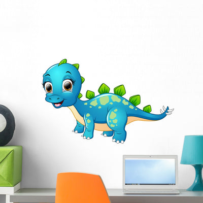 Happy Blue Dinosaur Cartoon Wall Decal shown on a wall