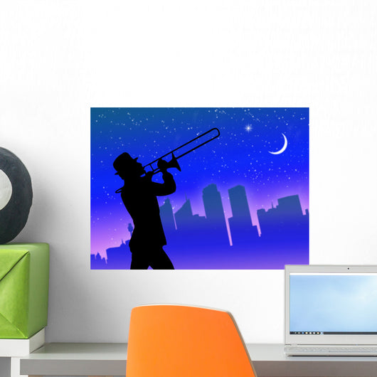 Trumpet player in town Wall Mural