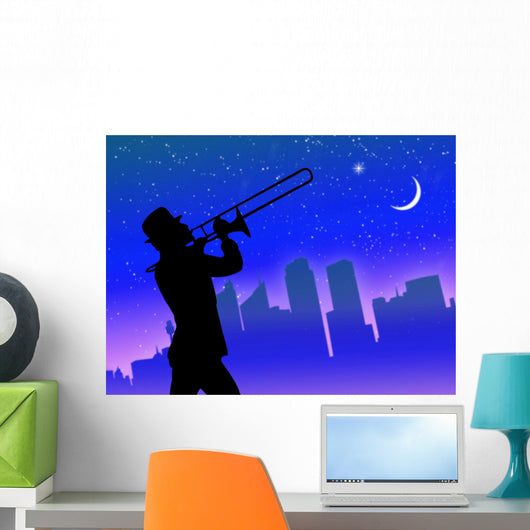 Trumpet player in town Wall Mural