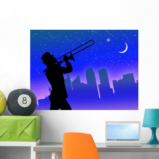 Trumpet player in town Wall Mural
