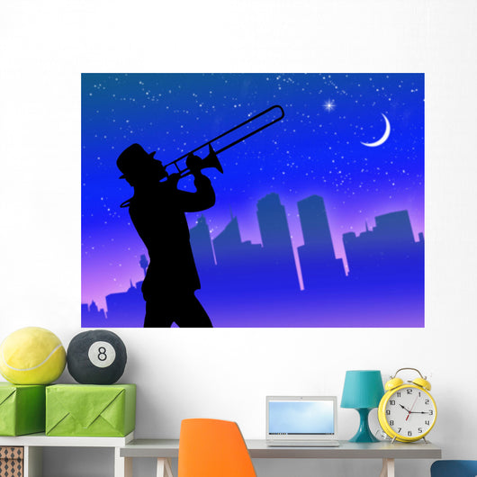 Trumpet player in town Wall Mural