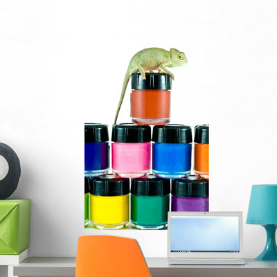 Chameleon with Paint Banks Wall Decal shown on a wall