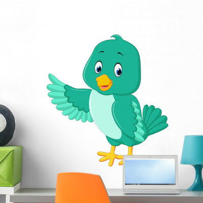 Cute Green Bird Cartoon Wall Decal shown on a wall