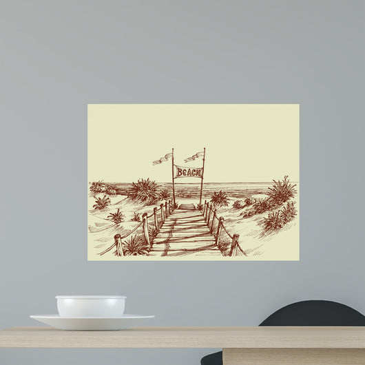 The way to the beach, sea view ahead vector drawing Wall Mural