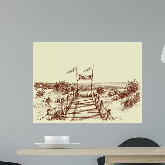 The way to the beach, sea view ahead vector drawing Wall Mural