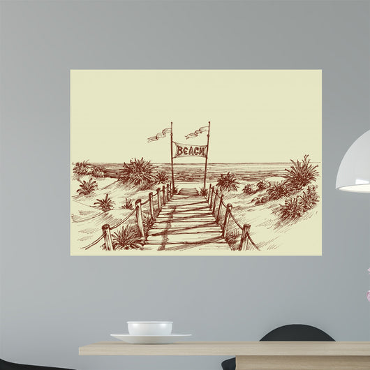 The way to the beach, sea view ahead vector drawing Wall Mural