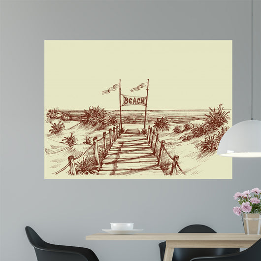 The way to the beach, sea view ahead vector drawing Wall Mural