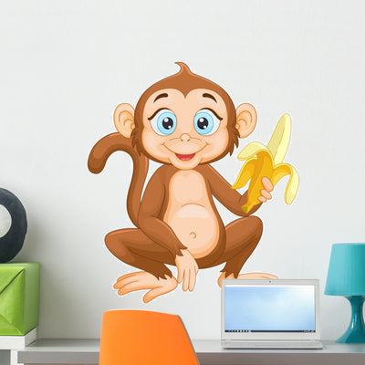 Cartoon Monkey Holding Banana Wall Decal shown on a wall