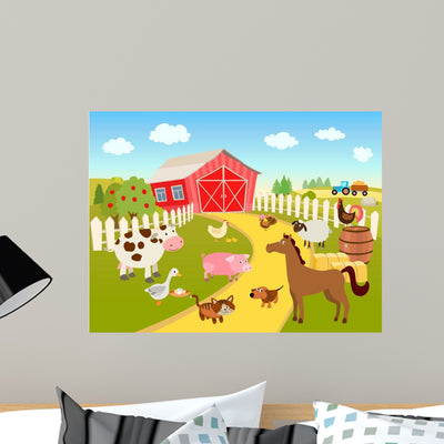 Cartoon Farm Scene Wall Decal shown on a wall