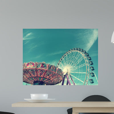Vintage Carnival Ferris Wheel Wall Mural shown on a wall