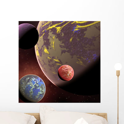 Crowded Orbit Wall Mural shown on a wall