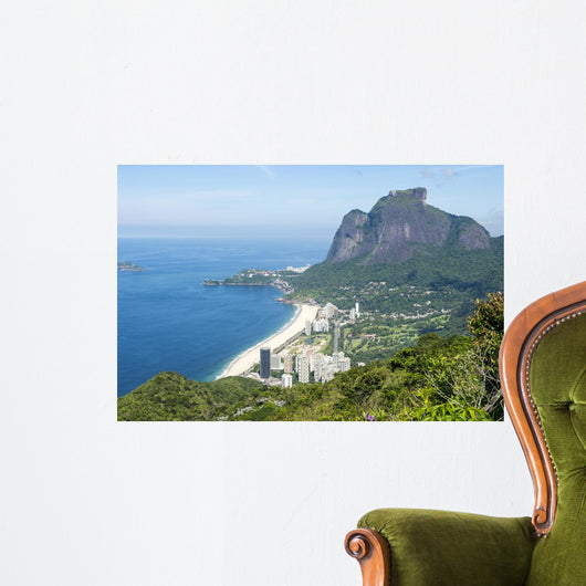 Scenic skyline view from above Sao Conrado Beach with Pedra da Gavea mountain and the favela community of Rocinha in Rio de Janeiro, Brazil Wall Mural