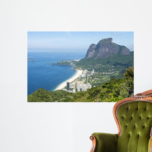 Scenic skyline view from above Sao Conrado Beach with Pedra da Gavea mountain and the favela community of Rocinha in Rio de Janeiro, Brazil Wall Mural