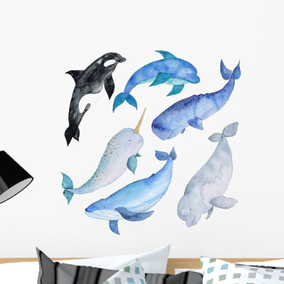 Watercolor Whales Sea Animals Wall Decal Sticker Set shown on a wall