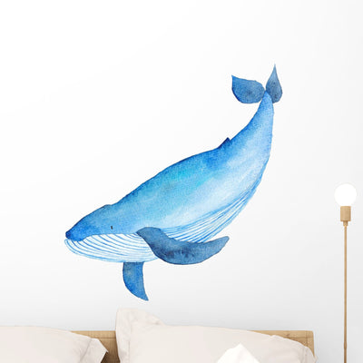 Blue Whale Watercolor Wall Decal shown on a wall