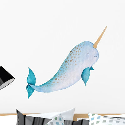Whale Narwhal Watercolor Hand-painted Wall Decal shown on a wall