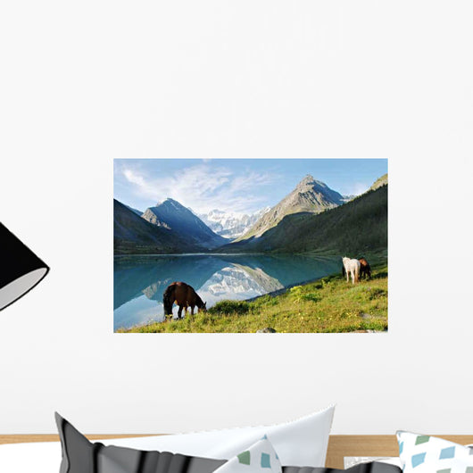 Horses near Mountain Lake Wall Decal