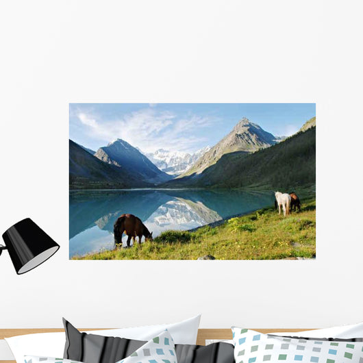 Horses near Mountain Lake Wall Decal