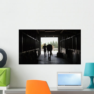 Young Jockey Walking Horse Wall Decal shown on a wall