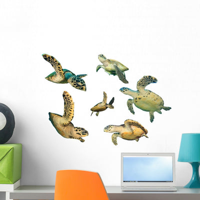 Hawksbill and Green Turtles Wall Decal Sticker Set shown on a wall