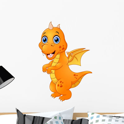 Cute Orange Baby Dragon Wall Decal shown on a wall